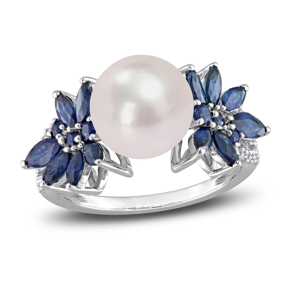 Cultured Freshwater Pearl & Natural Blue Sapphire Ring 1/8 ct tw Diamonds 14K White Gold 2QluXJGB