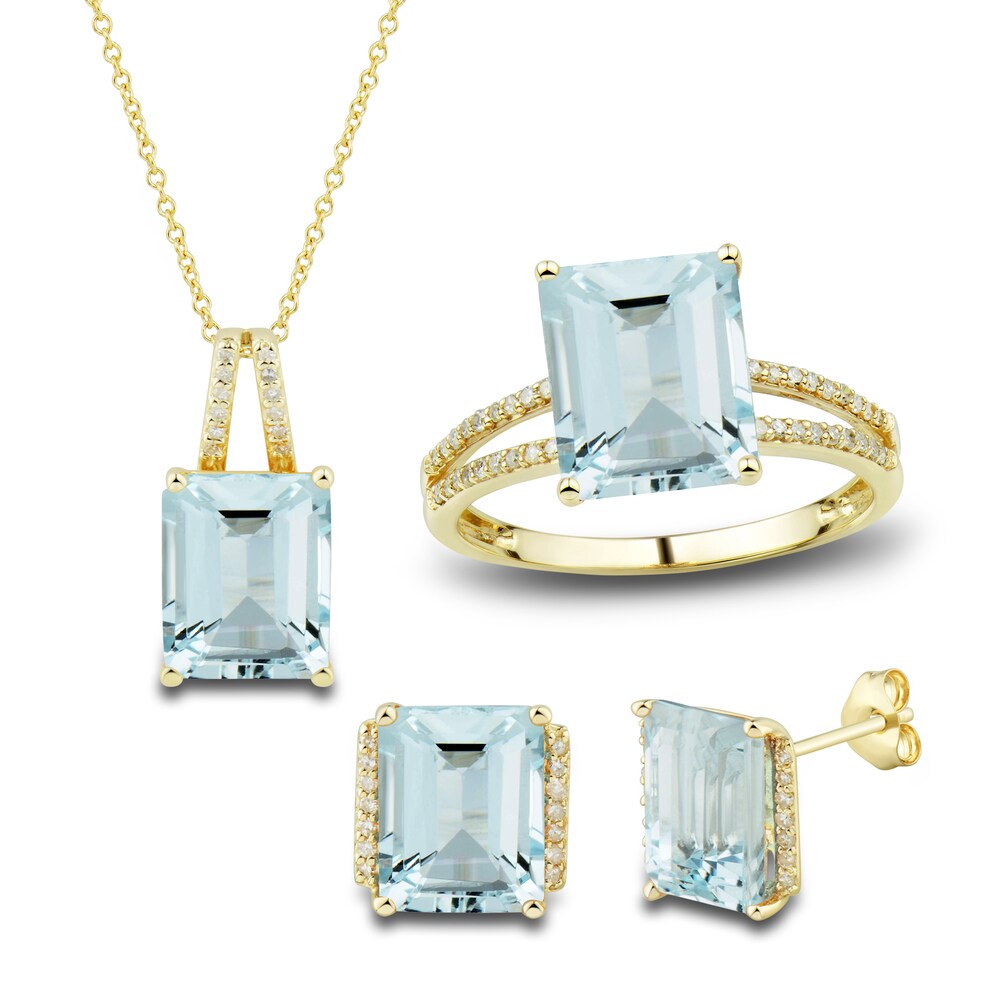 Natural Aquamarine Ring, Earring & Necklace Set 1/5 ct tw Diamonds 10K Yellow Gold 6SDktYAE Natural Aquamarine Ring, Earring & Necklace Set 1/5 ct tw Diamonds 10K Yellow Gold 6SDktYAE