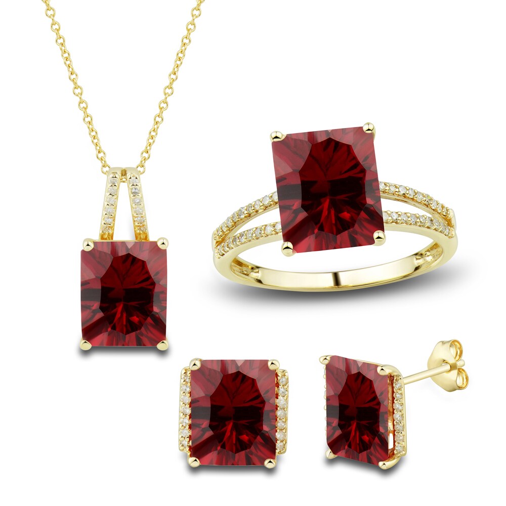 Lab-Created Ruby Ring, Earring & Necklace Set 1/5 ct tw Diamonds 10K Yellow Gold CY6h97j6 Lab-Created Ruby Ring, Earring & Necklace Set 1/5 ct tw Diamonds 10K Yellow Gold CY6h97j6