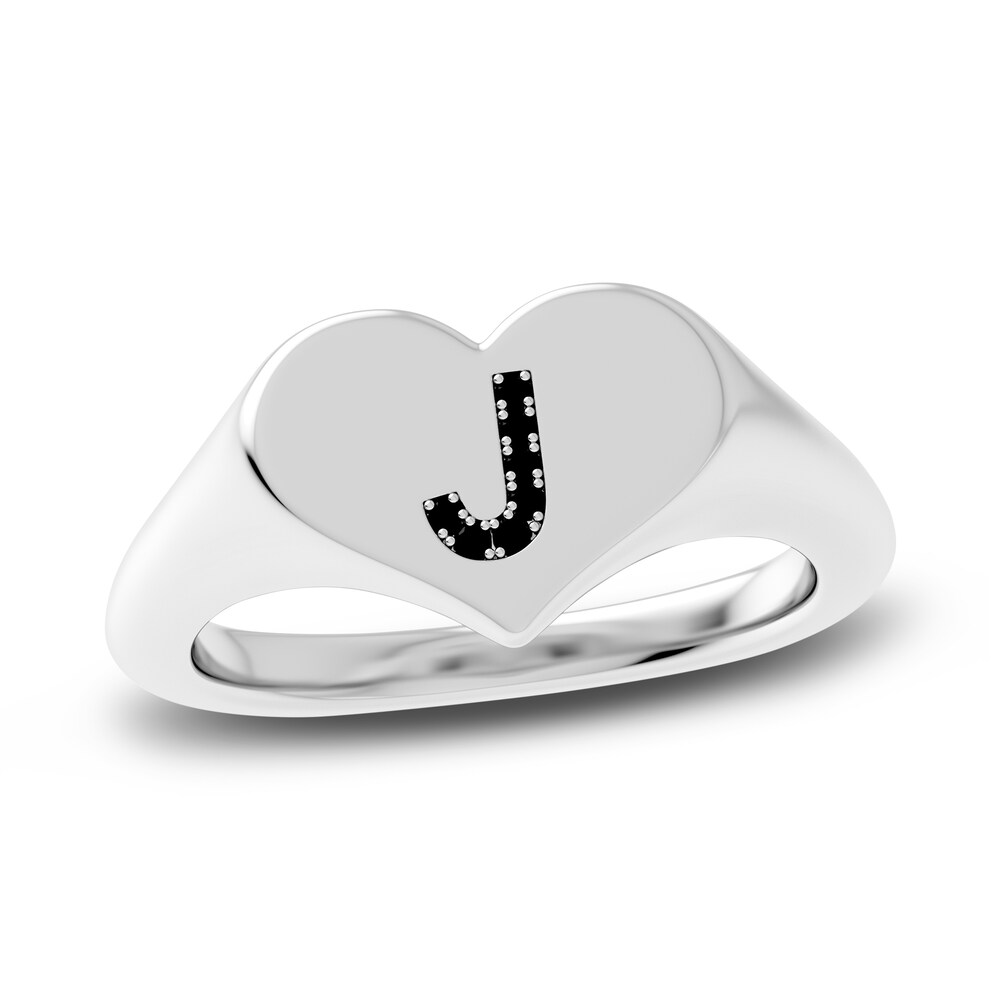 Juliette Maison Black Diamond Initial Heart Signet Ring 1/6 ct tw Round 10K White Gold EPYMNpQa