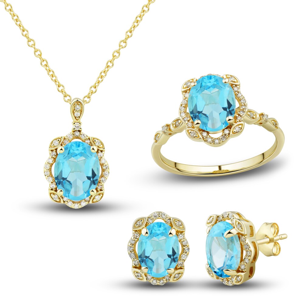 Natural Swiss Blue Topaz Ring, Earring & Necklace Set 1/3 ct tw Diamonds 10K Yellow Gold HIpZdcGD Natural Swiss Blue Topaz Ring, Earring & Necklace Set 1/3 ct tw Diamonds 10K Yellow Gold HIpZdcGD