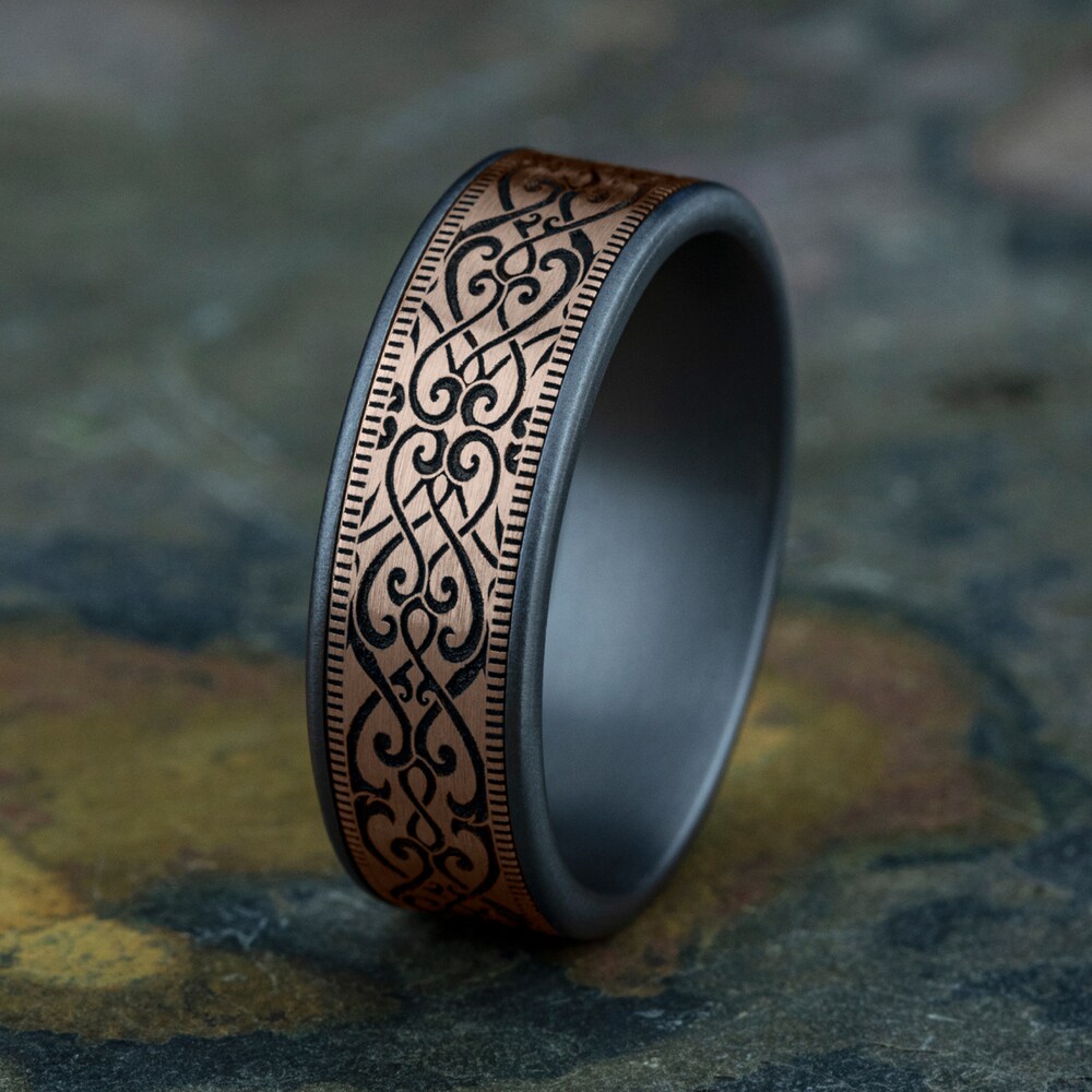 Men\'s Scroll Print Wedding Band Tantalum/14K Rose Gold 7.5mm Lyks5TA9 Men\'s Scroll Print Wedding Band Tantalum/14K Rose Gold 7.5mm Lyks5TA9