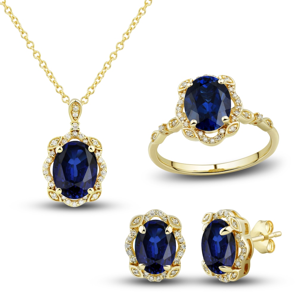 Lab-Created Blue Sapphire Ring, Earring & Necklace Set 1/3 ct tw Diamonds 10K Yellow Gold NRc5x1mH Lab-Created Blue Sapphire Ring, Earring & Necklace Set 1/3 ct tw Diamonds 10K Yellow Gold NRc5x1mH