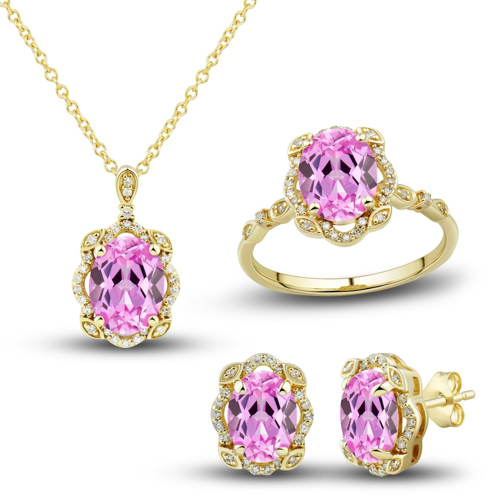 Lab-Created Pink Sapphire Ring, Earring & Necklace Set 1/3 ct tw Diamonds 10K Yellow Gold U6olqTln Lab-Created Pink Sapphire Ring, Earring & Necklace Set 1/3 ct tw Diamonds 10K Yellow Gold U6olqTln