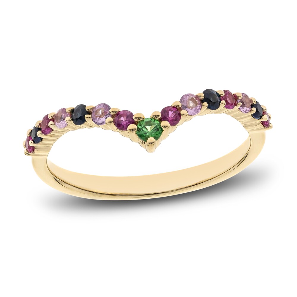 Multi-Colored Natural Sapphire Chevron Ring 10K Yellow Gold VezdoLuH Multi-Colored Natural Sapphire Chevron Ring 10K Yellow Gold VezdoLuH