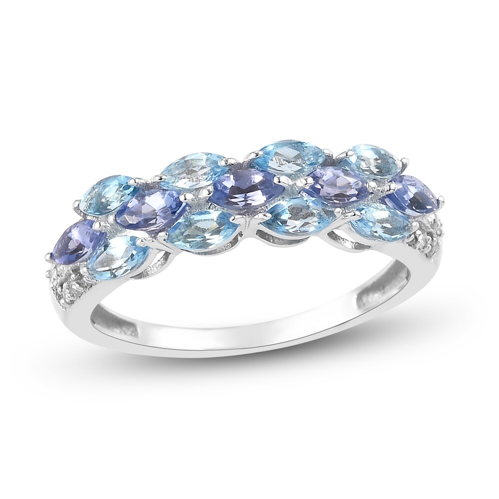 Natural Tanzanite & Natural Blue Topaz Anniversary Ring 1/15 ct tw Diamonds 14K White Gold XbH7wj2G