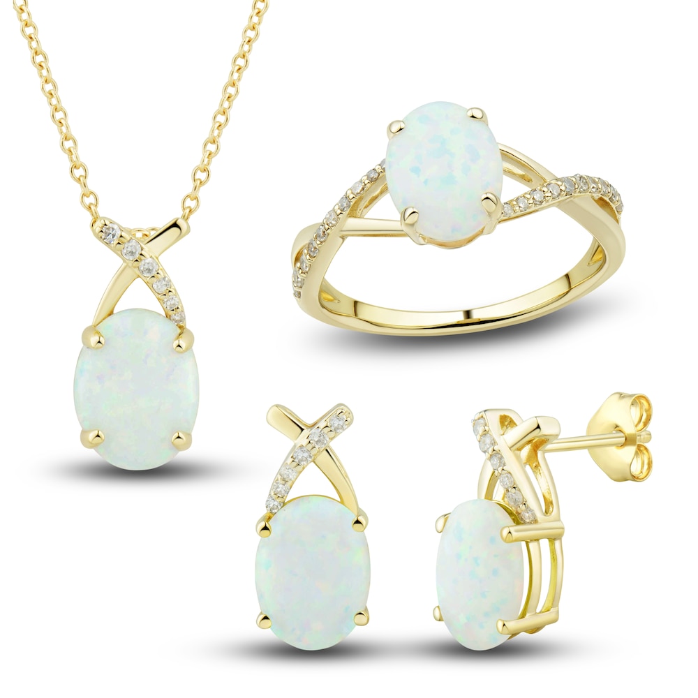 Lab-Created Opal Ring, Earring & Necklace Set 1/5 ct tw Diamonds 10K Yellow Gold ZEH0w3Rm Lab-Created Opal Ring, Earring & Necklace Set 1/5 ct tw Diamonds 10K Yellow Gold ZEH0w3Rm