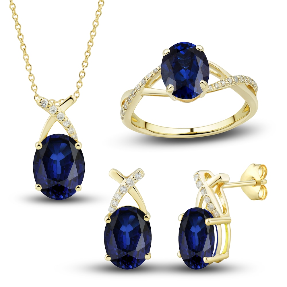 Lab-Created Blue Sapphire Ring, Earring & Necklace Set 1/5 ct tw Diamonds 10K Yellow Gold ZddlqmRV Lab-Created Blue Sapphire Ring, Earring & Necklace Set 1/5 ct tw Diamonds 10K Yellow Gold ZddlqmRV