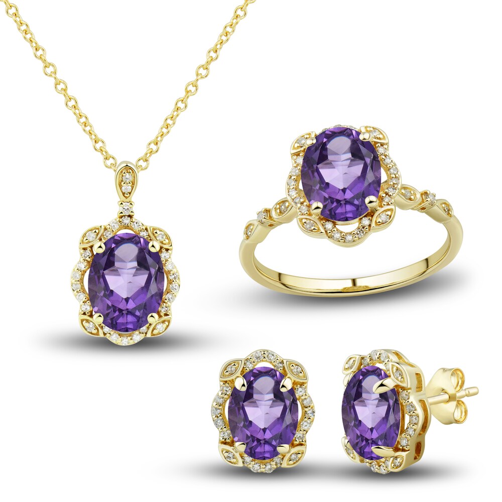 Natural Amethyst Ring, Earring & Necklace Set 1/3 ct tw Diamonds 10K Yellow Gold bFxYEQMi Natural Amethyst Ring, Earring & Necklace Set 1/3 ct tw Diamonds 10K Yellow Gold bFxYEQMi