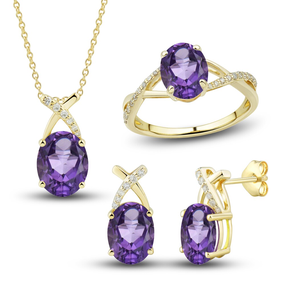 Natural Amethyst Ring, Earring & Necklace Set 1/5 ct tw Diamonds 10K Yellow Gold cRShG8T7 Natural Amethyst Ring, Earring & Necklace Set 1/5 ct tw Diamonds 10K Yellow Gold cRShG8T7