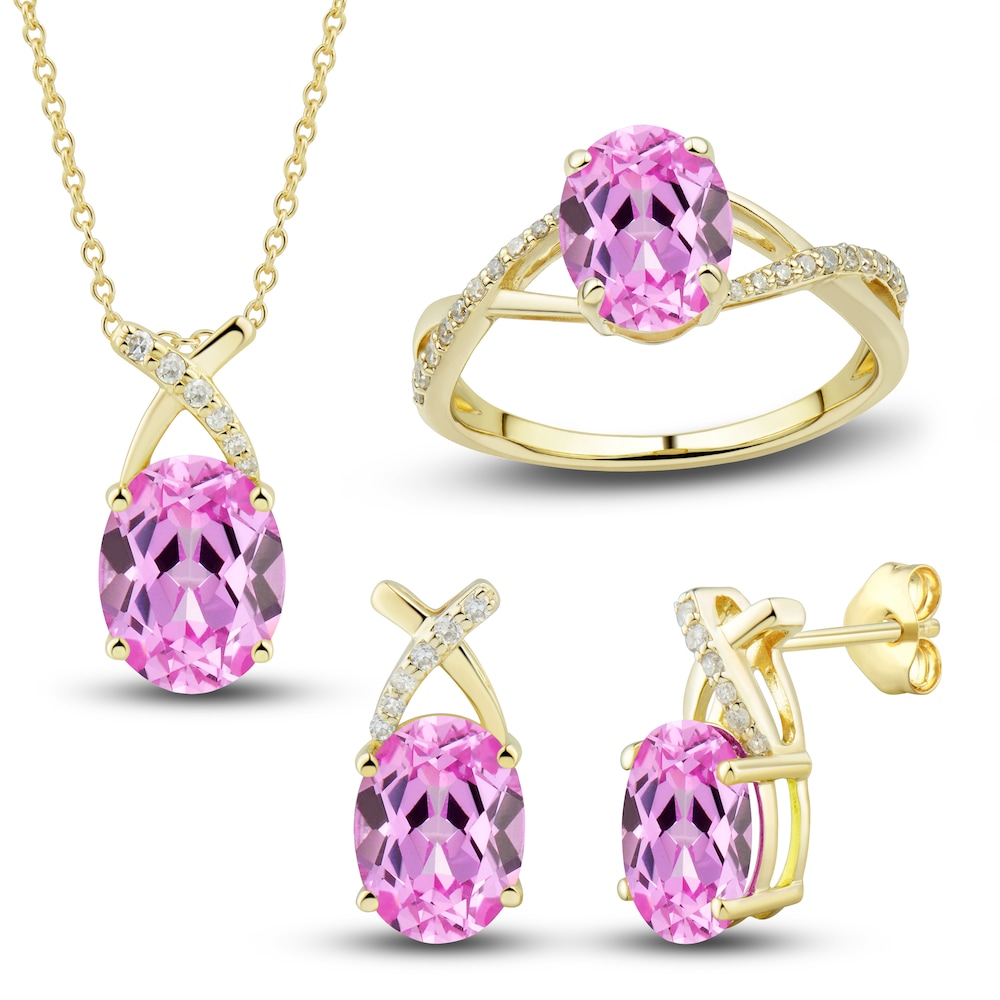 Lab-Created Pink Sapphire Ring, Earring & Necklace Set 1/5 ct tw Diamonds 10K Yellow Gold laUPoGIJ Lab-Created Pink Sapphire Ring, Earring & Necklace Set 1/5 ct tw Diamonds 10K Yellow Gold laUPoGIJ
