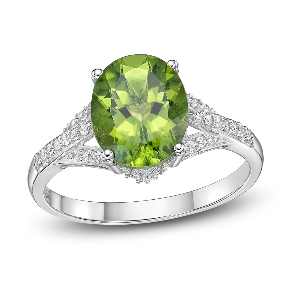 Natural Peridot Oval Ring 1/6 ct tw Diamonds 10K White Gold nH2yNe5S