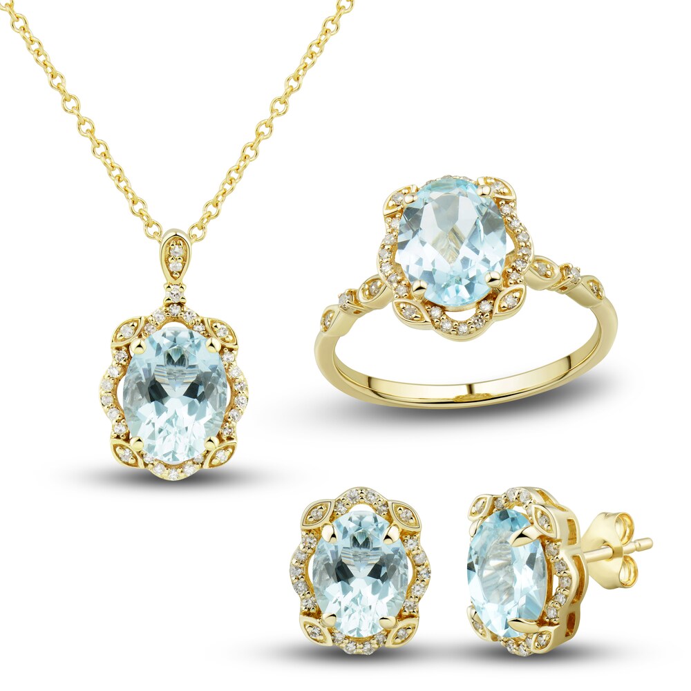 Natural Aquamarine Ring, Earring & Necklace Set 1/3 ct tw Diamonds 10K Yellow Gold olgdzgjI Natural Aquamarine Ring, Earring & Necklace Set 1/3 ct tw Diamonds 10K Yellow Gold olgdzgjI