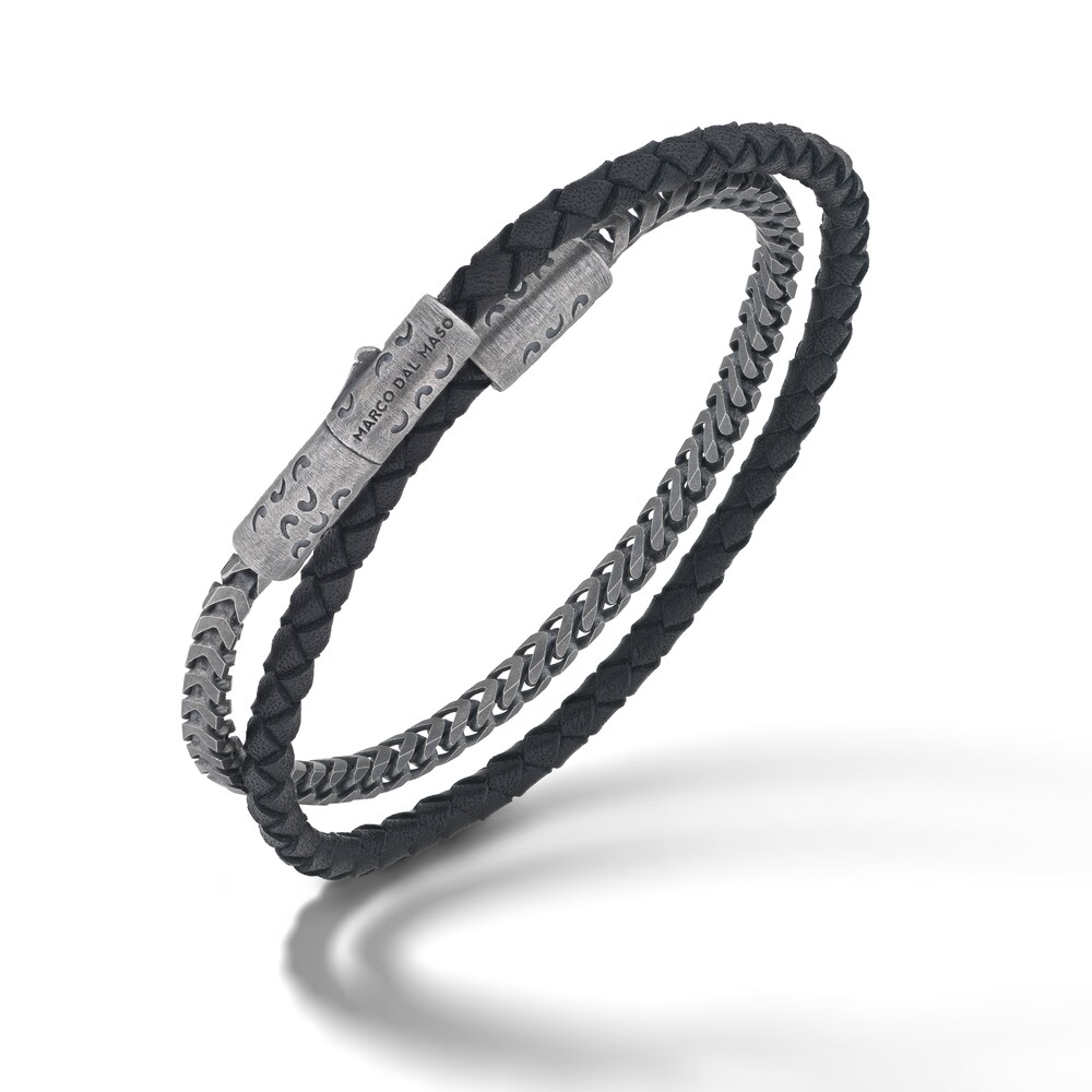 Marco Dal Maso Men's Double Wrap Mixed Chain & Woven Black Leather Bracelet Sterling Silver 8" 3hsdjJKD Marco Dal Maso Men's Double Wrap Mixed Chain & Woven Black Leather Bracelet Sterling Silver 8" 3hsdjJKD