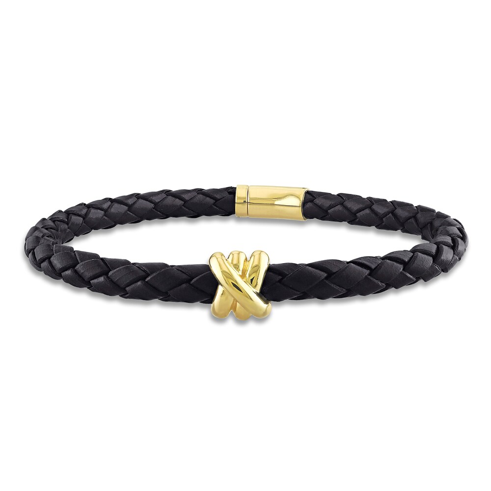 Men's Woven Black Leather Bracelet 14K Yellow Gold 9" COgOh4VF Men's Woven Black Leather Bracelet 14K Yellow Gold 9" COgOh4VF