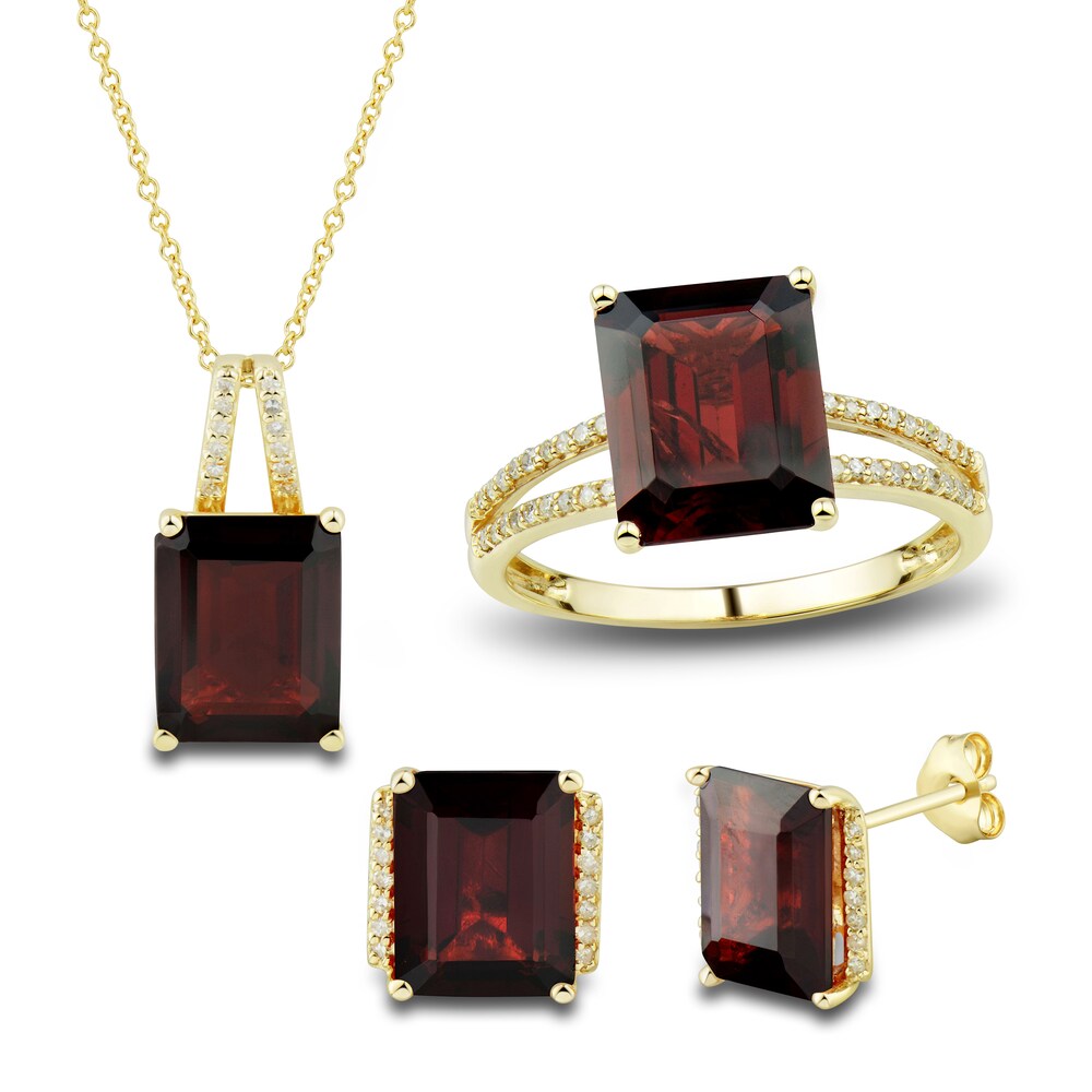 Natural Garnet Ring, Earring & Necklace Set 1/5 ct tw Diamonds 10K Yellow Gold CXW2KS0v Natural Garnet Ring, Earring & Necklace Set 1/5 ct tw Diamonds 10K Yellow Gold CXW2KS0v
