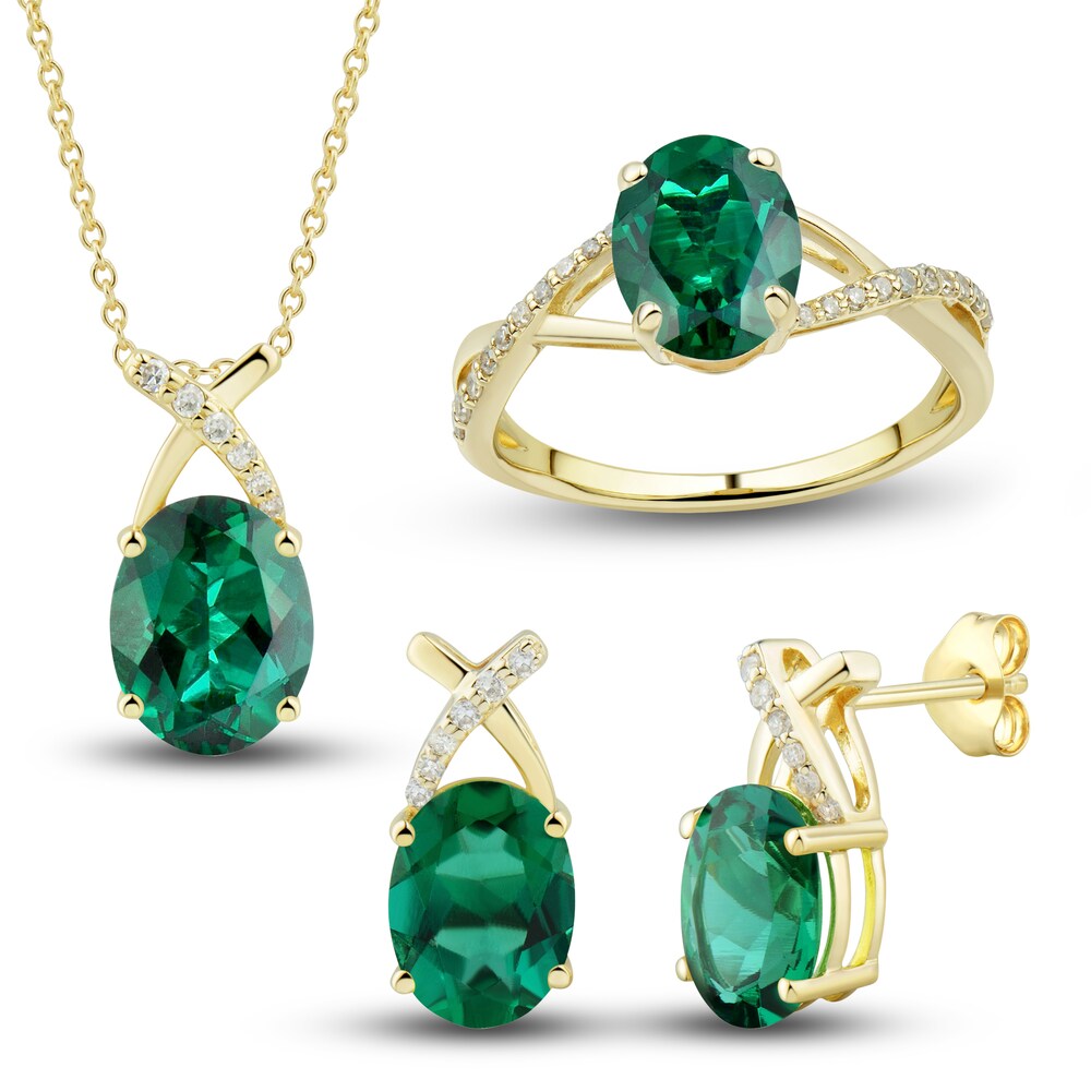 Lab-Created Emerald Ring, Earring & Necklace Set 1/5 ct tw Diamonds 10K Yellow Gold GQE0Zycq Lab-Created Emerald Ring, Earring & Necklace Set 1/5 ct tw Diamonds 10K Yellow Gold GQE0Zycq
