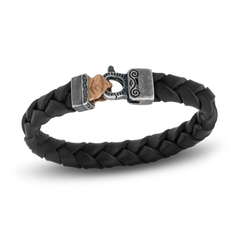 Marco Dal Maso Engraved Woven Black Leather Natural Black Diamond Bracelet Sterling Silver/18K Rose Gold-Plated 8" GStOzTJf Marco Dal Maso Engraved Woven Black Leather Natural Black Diamond Bracelet Sterling Silver/18K Rose Gold-Plated 8" GStOzTJf