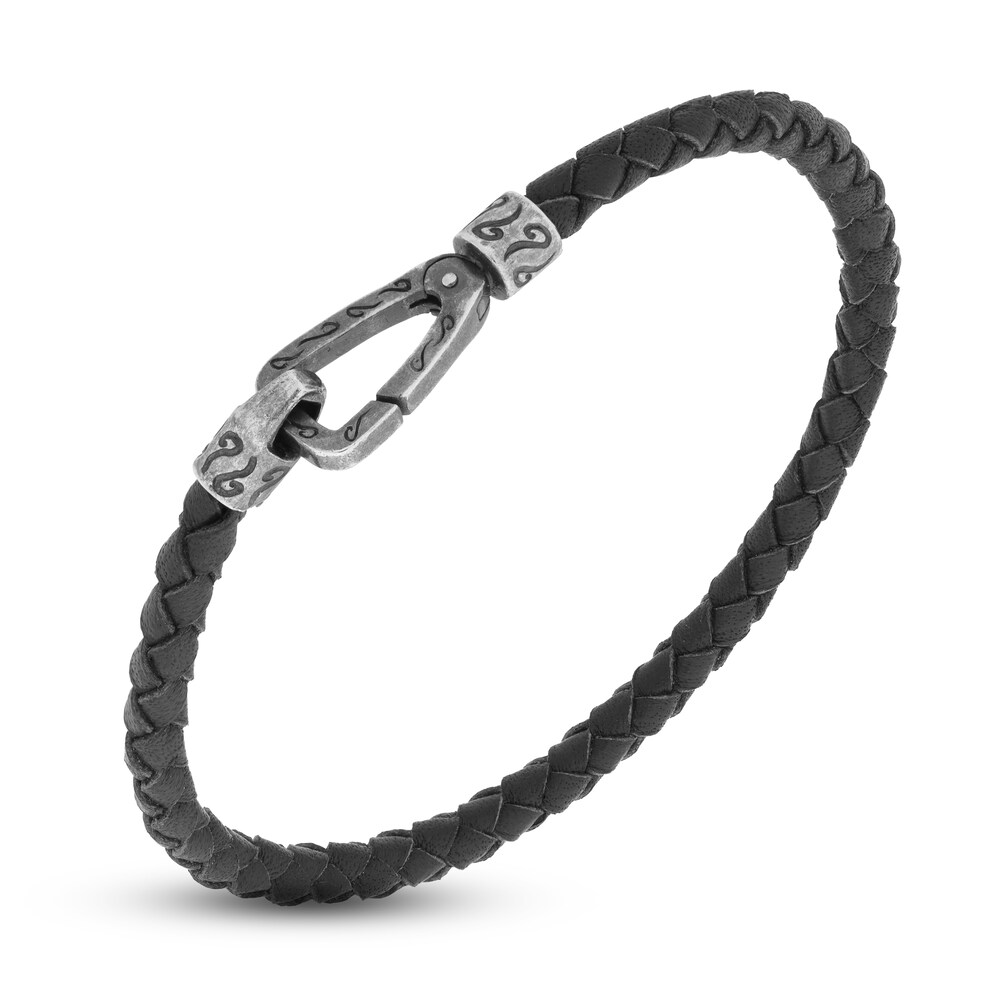 Marco Dal Maso Men's Woven Black Leather Bracelet Sterling Silver 8" HJU0NNQD Marco Dal Maso Men's Woven Black Leather Bracelet Sterling Silver 8" HJU0NNQD