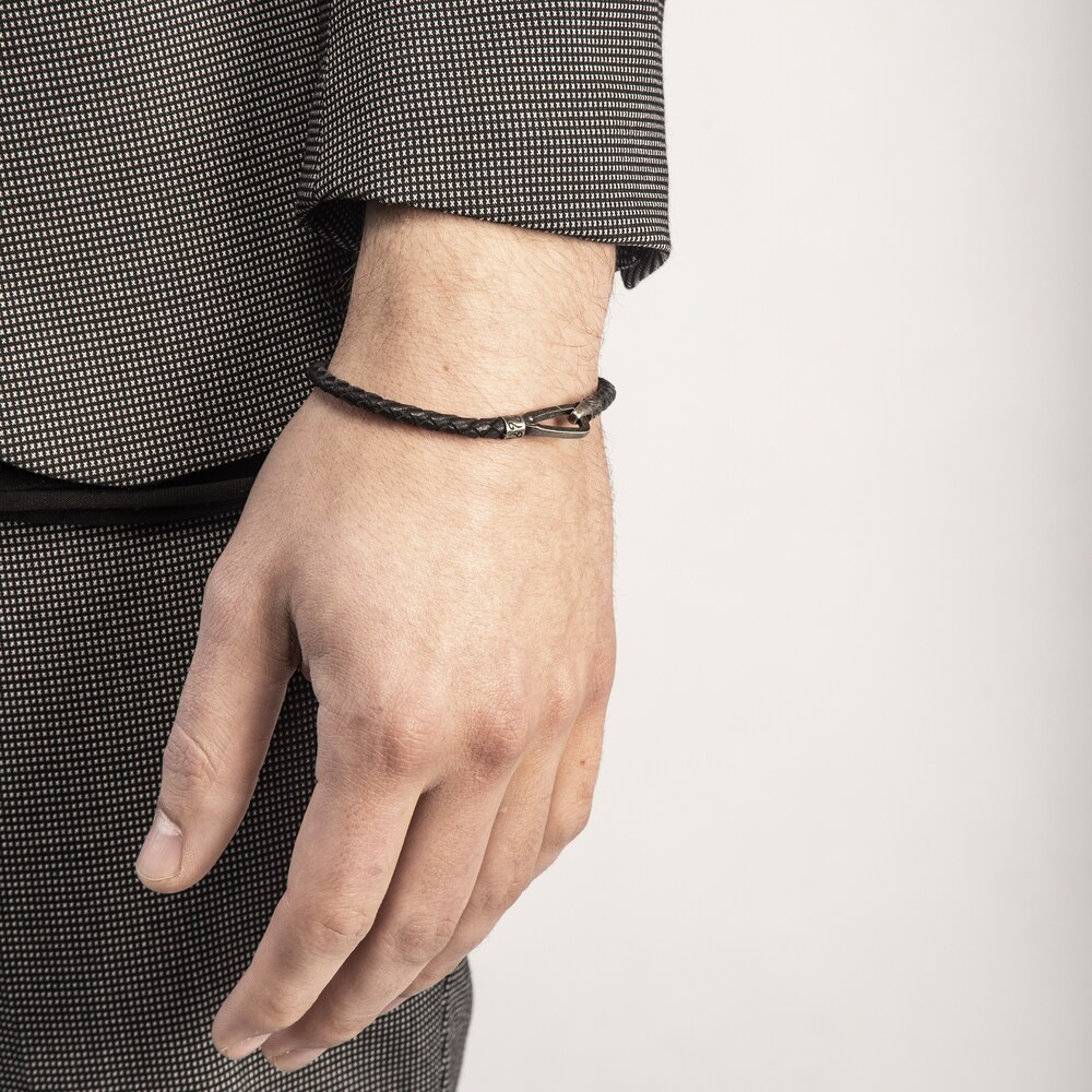 Marco Dal Maso Men\'s Woven Black Leather Bracelet Sterling Silver 8\" HJU0NNQD Marco Dal Maso Men\'s Woven Black Leather Bracelet Sterling Silver 8\" HJU0NNQD