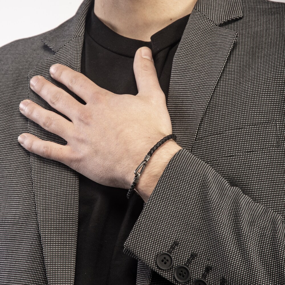 Marco Dal Maso Men\'s Woven Black Leather Bracelet Sterling Silver 8\" HJU0NNQD Marco Dal Maso Men\'s Woven Black Leather Bracelet Sterling Silver 8\" HJU0NNQD