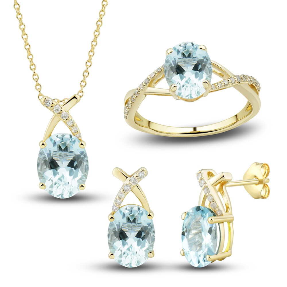 Natural Aquamarine Ring, Earring & Necklace Set 1/5 ct tw Diamonds 10K Yellow Gold I1GlrI1C Natural Aquamarine Ring, Earring & Necklace Set 1/5 ct tw Diamonds 10K Yellow Gold I1GlrI1C
