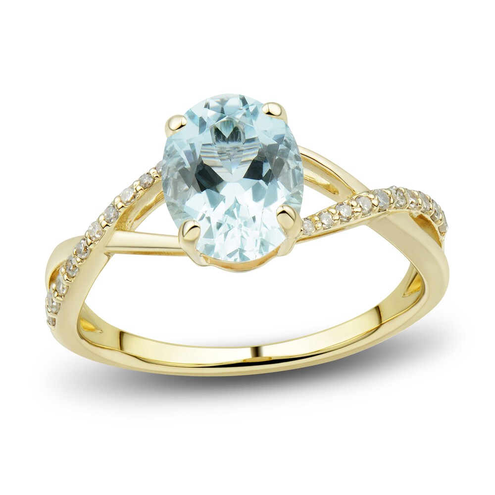 Natural Aquamarine Ring, Earring & Necklace Set 1/5 ct tw Diamonds 10K Yellow Gold I1GlrI1C