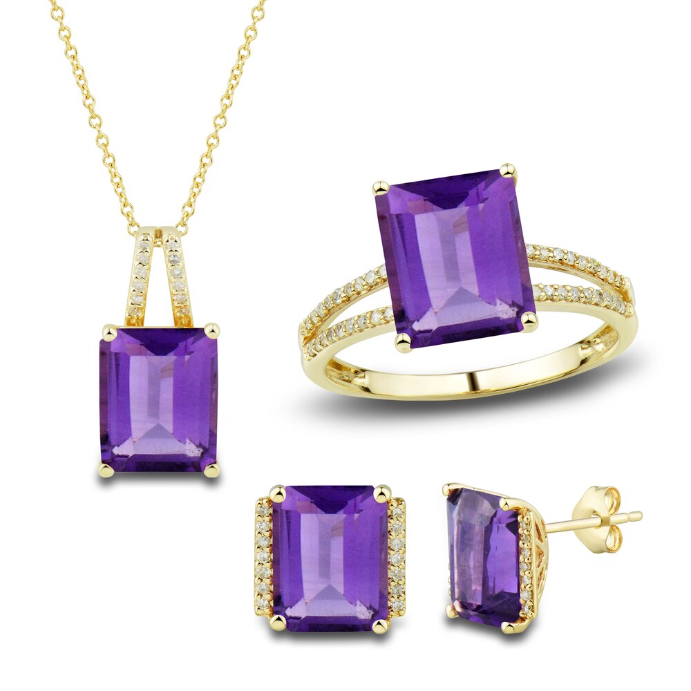 Natural Amethyst Ring, Earring & Necklace Set 1/5 ct tw Diamonds 10K Yellow Gold IViqusr6 Natural Amethyst Ring, Earring & Necklace Set 1/5 ct tw Diamonds 10K Yellow Gold IViqusr6
