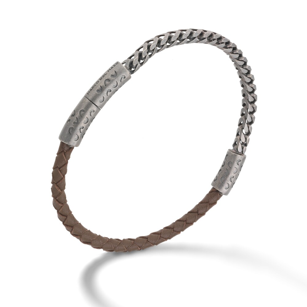 Marco Dal Maso Men's Mixed Chain & Woven Brown Leather Bracelet Sterling Silver 8" JJ6Q4GDM Marco Dal Maso Men's Mixed Chain & Woven Brown Leather Bracelet Sterling Silver 8" JJ6Q4GDM