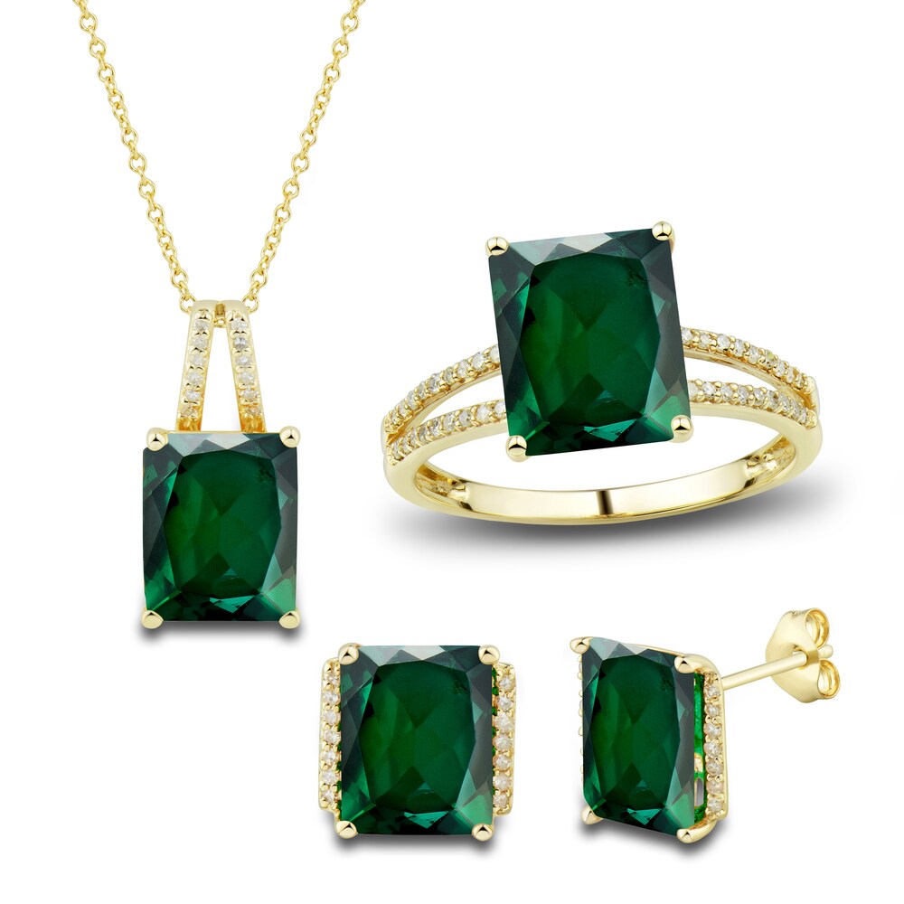 Lab-Created Emerald Ring, Earring & Necklace Set 1/5 ct tw Diamonds 10K Yellow Gold KL8JRbNG Lab-Created Emerald Ring, Earring & Necklace Set 1/5 ct tw Diamonds 10K Yellow Gold KL8JRbNG