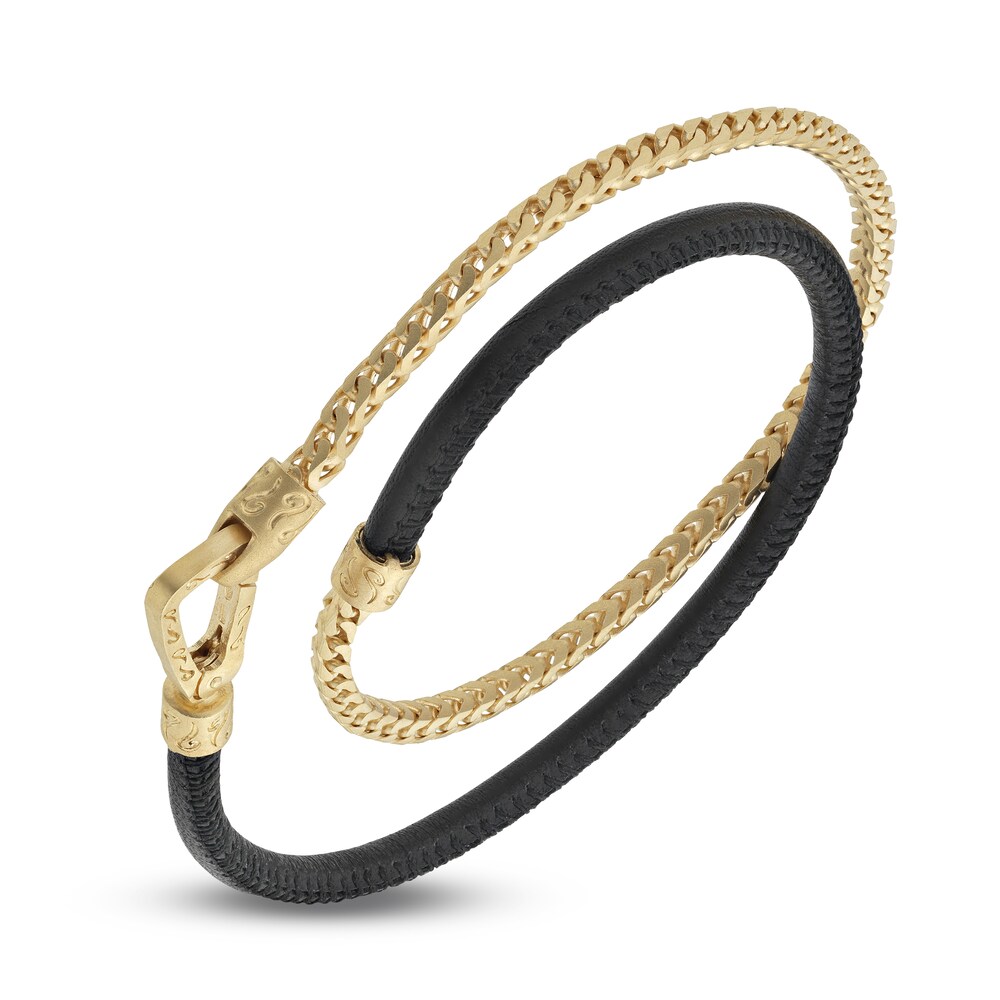 Marco Dal Maso Men's Double Black Leather Bracelet Sterling Silver/18K Yellow Gold-Plated 16" KWEghSS1 Marco Dal Maso Men's Double Black Leather Bracelet Sterling Silver/18K Yellow Gold-Plated 16" KWEghSS1