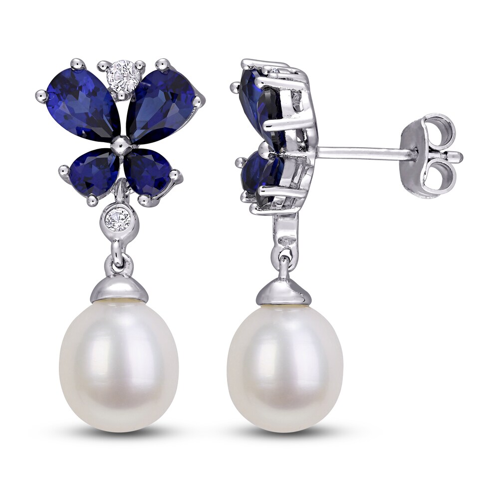 Cultured Freshwater Pearl & Lab-Created Sapphire Drop Earrings Sterling Silver Of9HGX04 Cultured Freshwater Pearl & Lab-Created Sapphire Drop Earrings Sterling Silver Of9HGX04