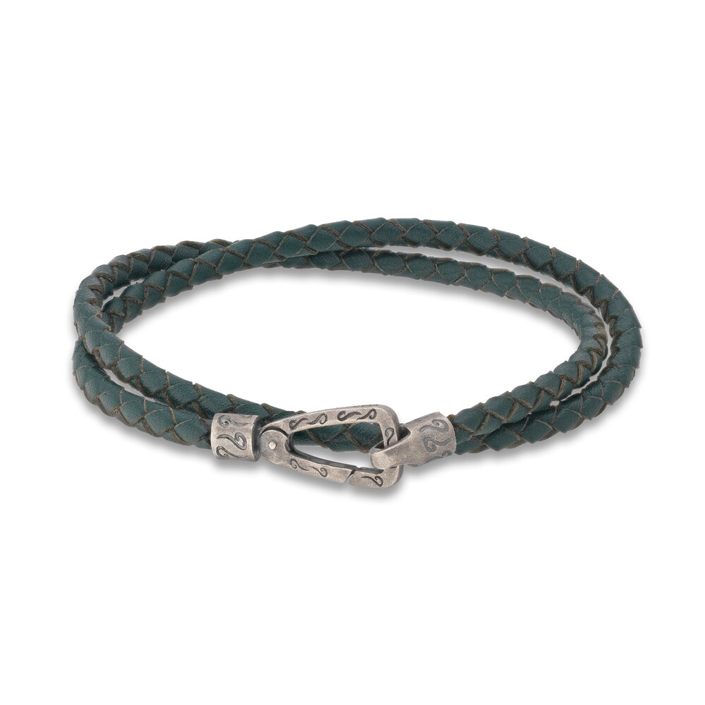Marco Dal Maso Men\'s Woven Green Leather Double Wrap Bracelet Sterling Silver 16\" QA1DFxtu Marco Dal Maso Men\'s Woven Green Leather Double Wrap Bracelet Sterling Silver 16\" QA1DFxtu