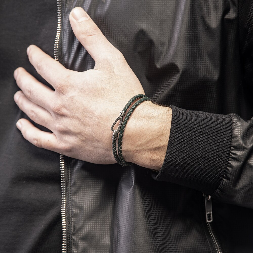 Marco Dal Maso Men\'s Woven Green Leather Double Wrap Bracelet Sterling Silver 16\" QA1DFxtu Marco Dal Maso Men\'s Woven Green Leather Double Wrap Bracelet Sterling Silver 16\" QA1DFxtu