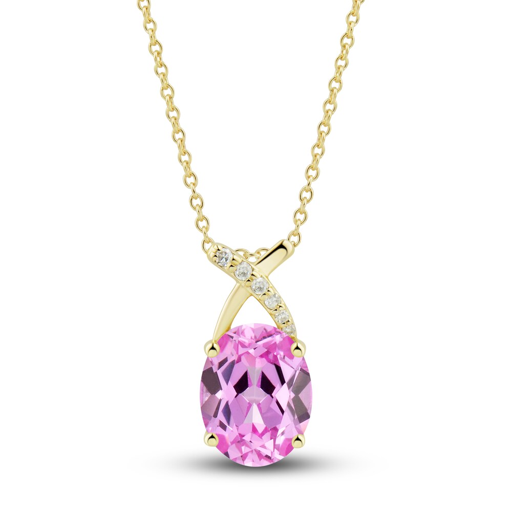 Lab-Created Pink Sapphire Ring, Earring & Necklace Set 1/5 ct tw Diamonds 10K Yellow Gold ZNEKvzZS