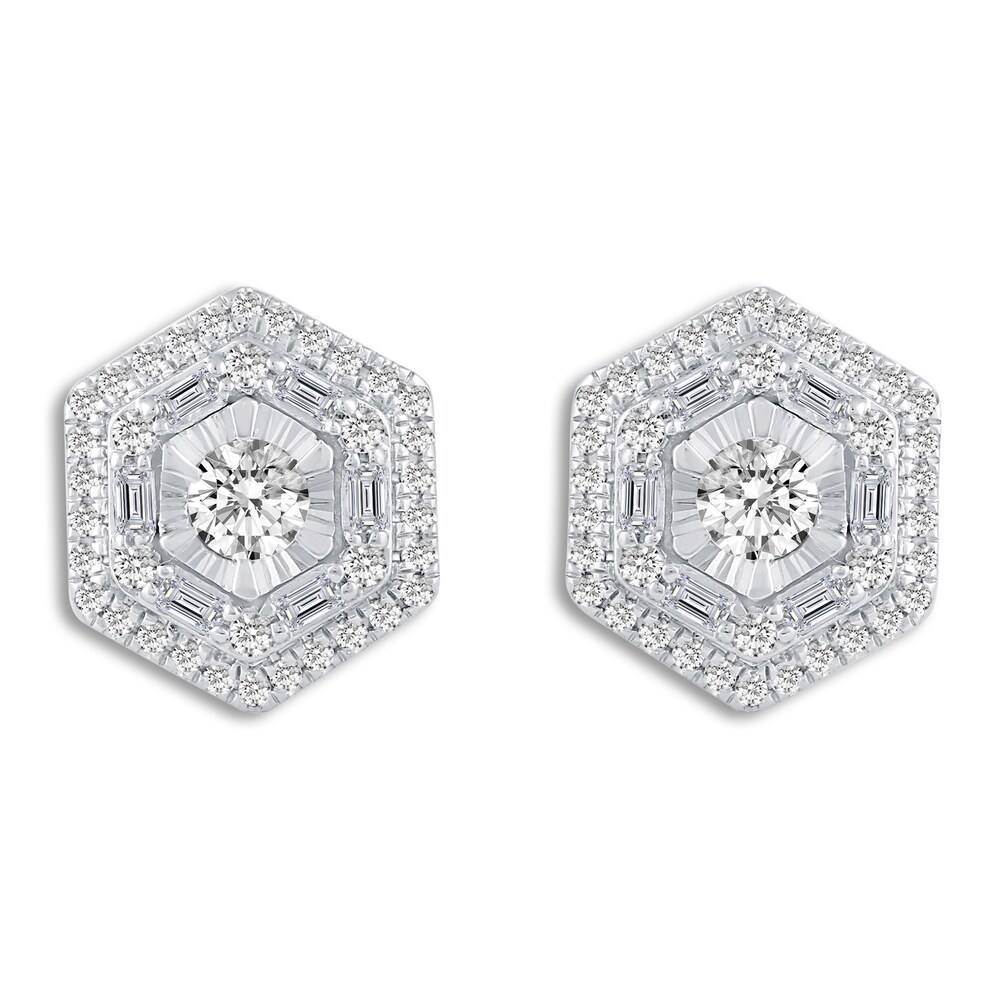 Diamond Hexagon Stud Earrings 5/8 ct tw Round/Baguette 10K White Gold abVBloli Diamond Hexagon Stud Earrings 5/8 ct tw Round/Baguette 10K White Gold abVBloli