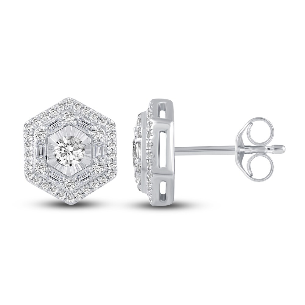 Diamond Hexagon Stud Earrings 5/8 ct tw Round/Baguette 10K White Gold abVBloli Diamond Hexagon Stud Earrings 5/8 ct tw Round/Baguette 10K White Gold abVBloli