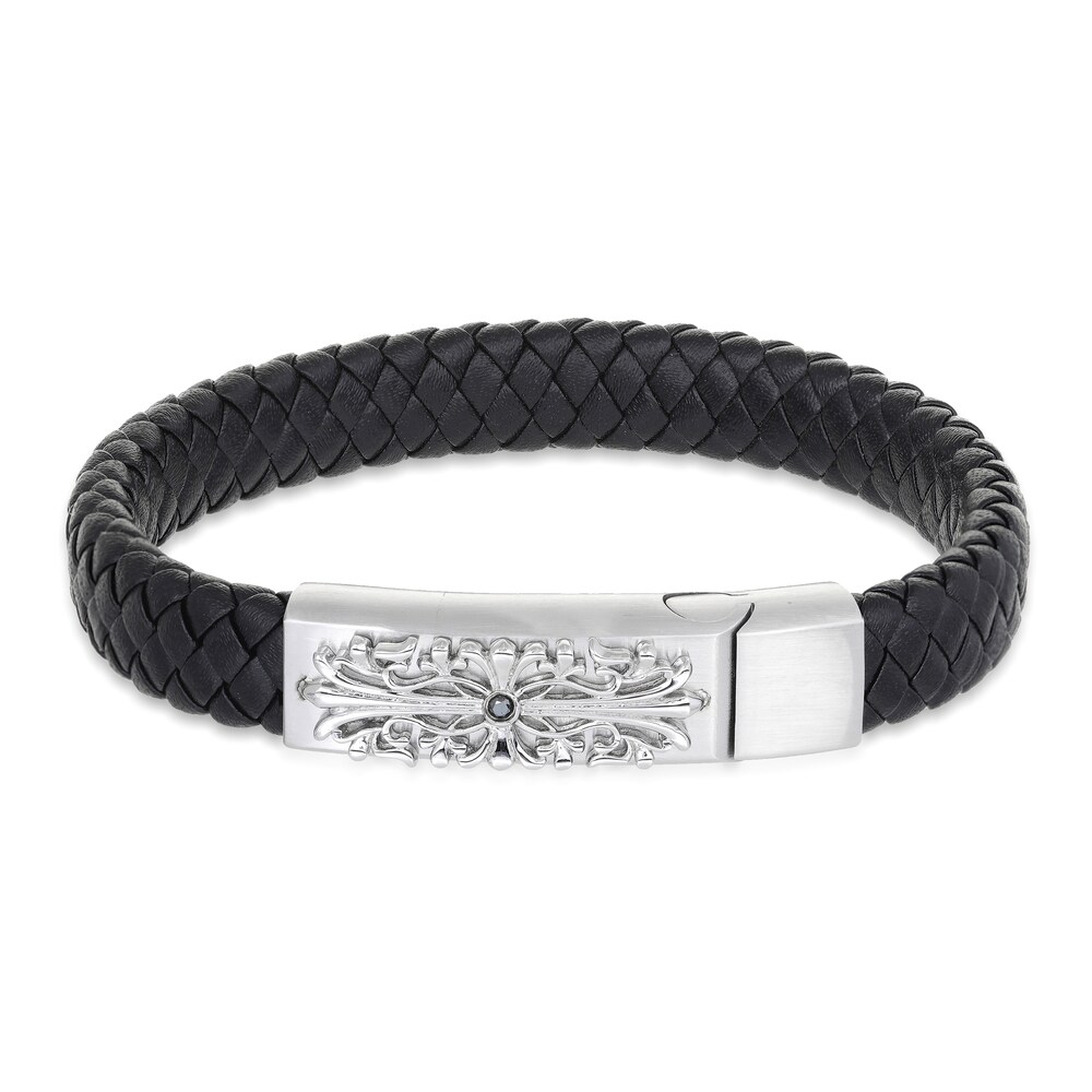 Men's Woven Bracelet Diamond Accent Black Leather Stainless Steel 8.5" atYvtVMo Men's Woven Bracelet Diamond Accent Black Leather Stainless Steel 8.5" atYvtVMo