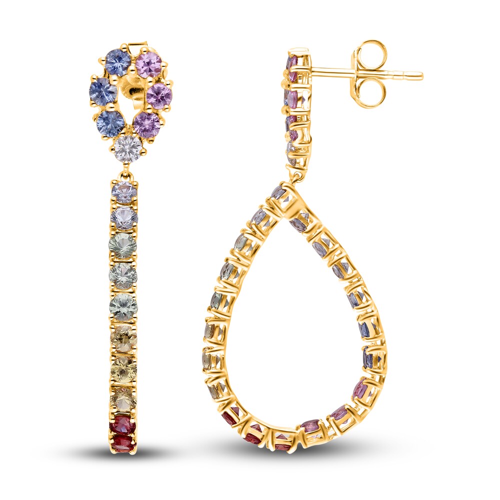 Kallati Natural Multi-Sapphire Hoop Earrings 1/8 ct tw Diamonds 14K Yellow Gold f0o7tIQ2