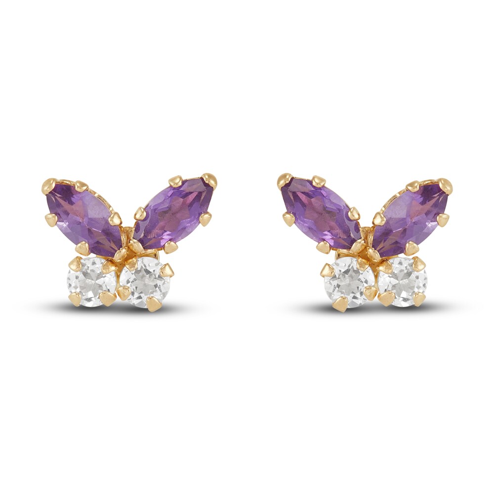 Children's Natural Amethyst & Natural White Topaz Butterfly Stud Earrings 14K Yellow Gold gYZo6M6z