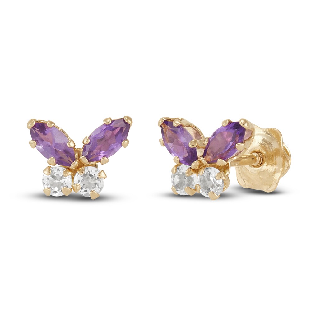 Children\'s Natural Amethyst & Natural White Topaz Butterfly Stud Earrings 14K Yellow Gold gYZo6M6z