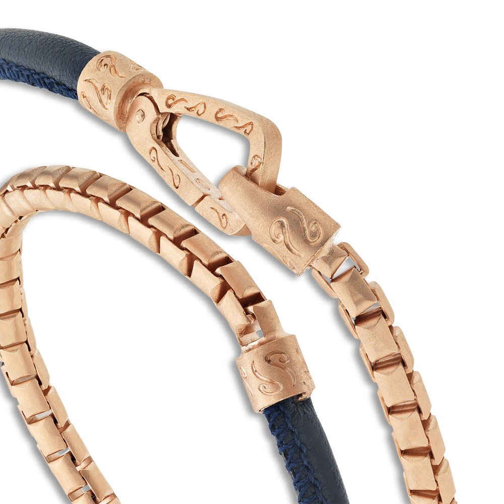 Marco Dal Maso Men\'s Double Blue Leather/ Box Chain Bracelet Sterling Silver/18K Rose Gold-Plated 16\" iNK77HHQ Marco Dal Maso Men\'s Double Blue Leather/ Box Chain Bracelet Sterling Silver/18K Rose Gold-Plated 16\" iNK77HHQ