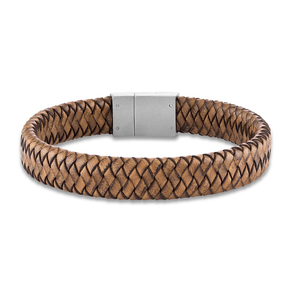 Men's Woven Bracelet Brown Leather Stainless Steel 8.5" inAMi310 Men's Woven Bracelet Brown Leather Stainless Steel 8.5" inAMi310