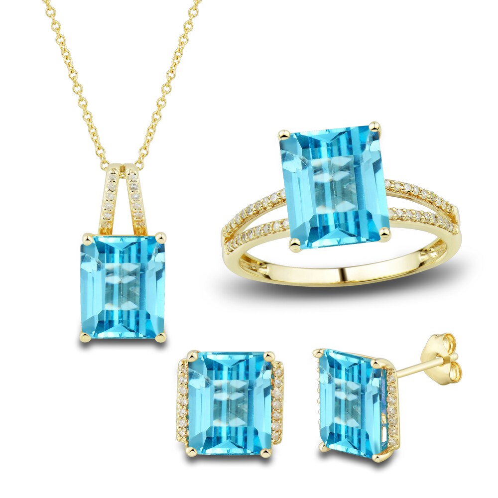 Natural Swiss Blue Topaz Ring, Earring & Necklace Set 1/5 ct tw Diamonds 10K Yellow Gold jX8jf3mp Natural Swiss Blue Topaz Ring, Earring & Necklace Set 1/5 ct tw Diamonds 10K Yellow Gold jX8jf3mp