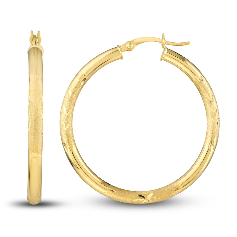 Diamond-Cut Floral Hoop Earrings 14K Yellow Gold 35mm lIL309Zo