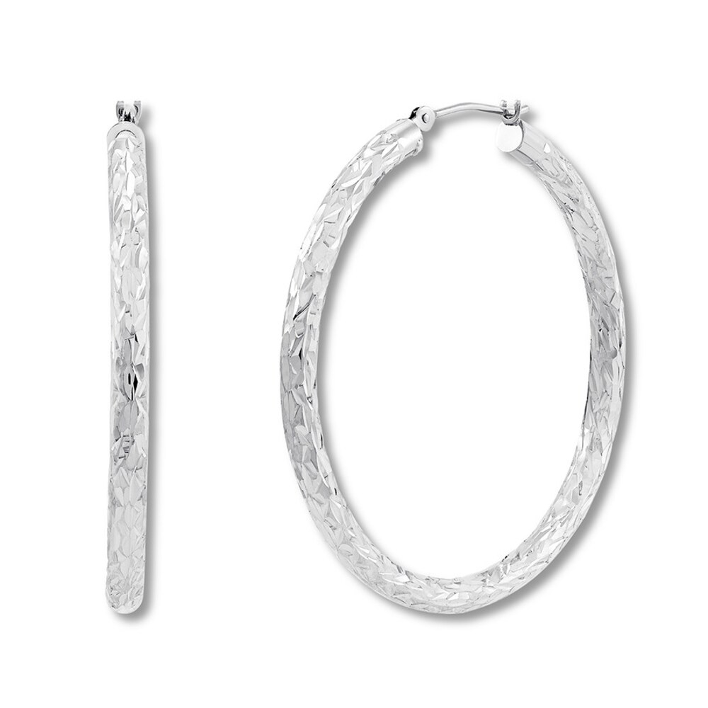Textured Hoop Earrings 14K White Gold 40mm m42EQUBV Textured Hoop Earrings 14K White Gold 40mm m42EQUBV