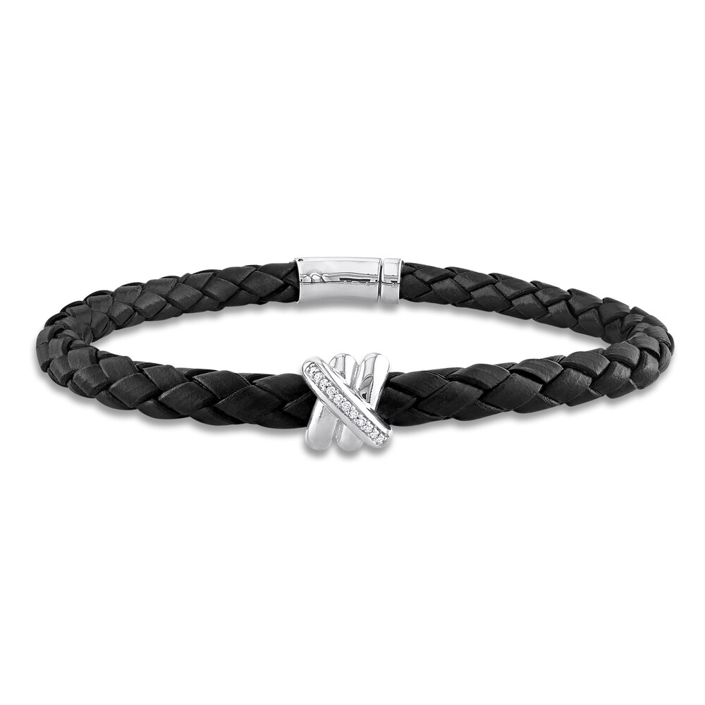 Men's Diamond & Woven Black Leather Bracelet 1/20 ct tw Round 14K White Gold 9" oU0bOLZs Men's Diamond & Woven Black Leather Bracelet 1/20 ct tw Round 14K White Gold 9" oU0bOLZs