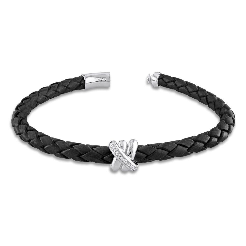 Men\'s Diamond & Woven Black Leather Bracelet 1/20 ct tw Round 14K White Gold 9\" oU0bOLZs Men\'s Diamond & Woven Black Leather Bracelet 1/20 ct tw Round 14K White Gold 9\" oU0bOLZs