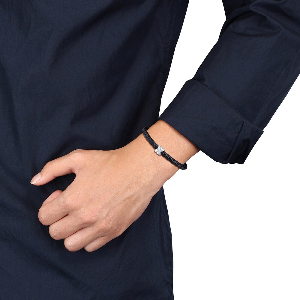 Men\'s Diamond & Woven Black Leather Bracelet 1/20 ct tw Round 14K White Gold 9\" oU0bOLZs Men\'s Diamond & Woven Black Leather Bracelet 1/20 ct tw Round 14K White Gold 9\" oU0bOLZs