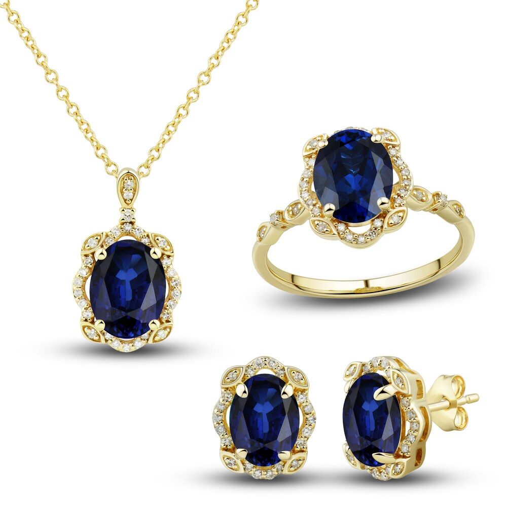 Lab-Created Blue Sapphire Ring, Earring & Necklace Set 1/3 ct tw Diamonds 10K Yellow Gold p8i4FlVa Lab-Created Blue Sapphire Ring, Earring & Necklace Set 1/3 ct tw Diamonds 10K Yellow Gold p8i4FlVa